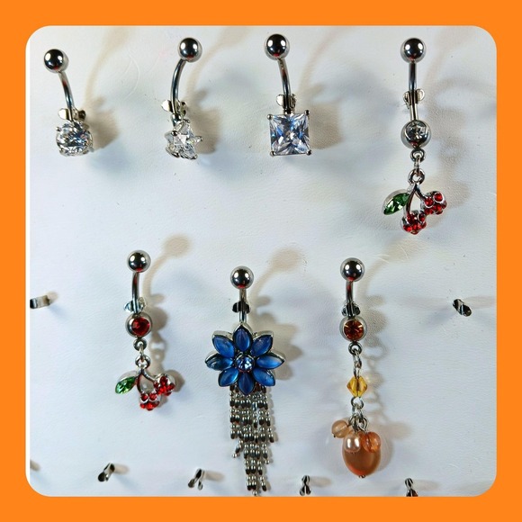 American Vintage Jewelry - Vintage 90s Belly Button Rings 316L Surgical Steel 14G Cherry Flower CZ 7pc Set